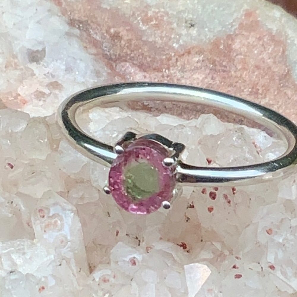 WATERMELON TOURMALINE SLICE 925 STERLING SILVER RING, SIZE 7.75